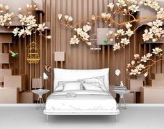 Фотообои флизелиновые Первое Ателье "Ветки сакуры с кубами" 400х250 см
