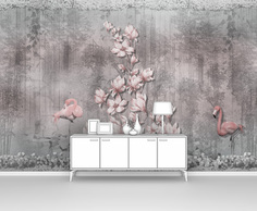 Фотообои ПЕРВОЕ АТЕЛЬЕ "Фламинго и цветущая магнолия на фоне забора" 300х205 см (ШхВ)