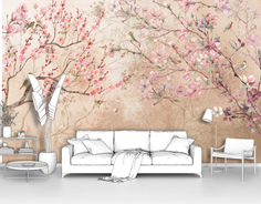 Фотообои флизелиновые ПЕРВОЕ АТЕЛЬЕ "Цветущая сакура на бежевом фоне" 160х100 см (ШхВ)