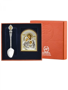 Набор приборов АргентА Святое Семейство позолоченная икона 4,5х6,5+ложкав футляре