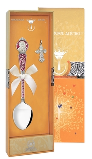 Набор приборов АргентА Крестильный Казанская Божья Матерь с красной эмалью ложка+крестик