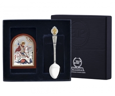 Набор приборов АргентА Святой Георгий Победоносец позол. икона цв. 6х8,5+ложка в футляре