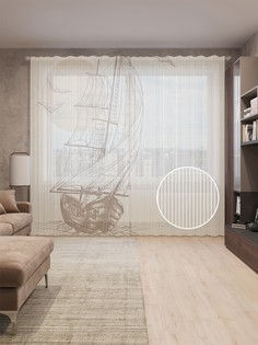Тюль на шторной ленте с принтом JoyArty "Начертания корабля в море", 310х265 см