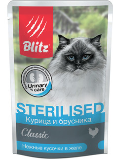 Влажный корм для кошек BLITZ Sterilised Classic, курица и брусника в желе, 85г