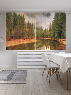 Шторы с фотопечатью JoyArty "Лесная дымка" из сатена, 290х180 см