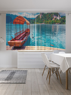 Шторы с фотопечатью JoyArty "Прогулочная лодка на причале" из сатена, 290х180 см