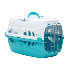 Переноска для животных до 12 кг Пижон 49х33х32см, металлическая дверь, бело-бирюзовая