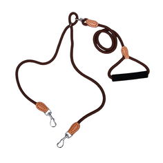 Поводок Пижон, со своркой на 2 собак, 73+2х57 см, полиэстер и натуральная кожа, коричневый