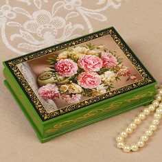 Шкатулка «Бело-розовые цветы», зелёная, 10×14 см, лаковая миниатюра Sima-Land