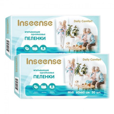 Пеленки Inseense Daily Comfort впитывающие одноразовые 60х60 30 шт 2 упаковки