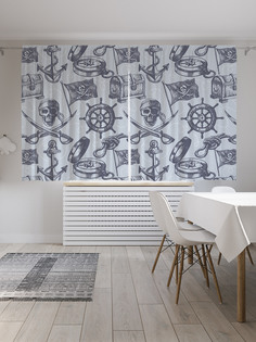 Шторы с фотопечатью JoyArty "Штурвал сундук череп" из сатена, 290х180 см