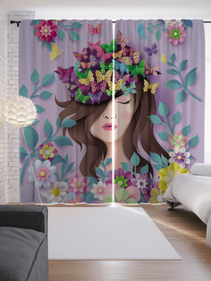 Шторы с фотопечатью "Девушка в бабочках и цветах" из сатена, 290х265 см Joy Arty