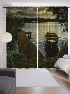 Шторы JoyArty с фотопечатью "Лодка у мостика" из сатена, 290х265 см