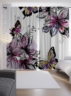 Шторы JoyArty с фотопечатью "Бабочки в цветах" из сатена, 290х265 см