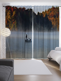 Шторы JoyArty с фотопечатью "Лодка с людьми в горах" из сатена, 290х265 см