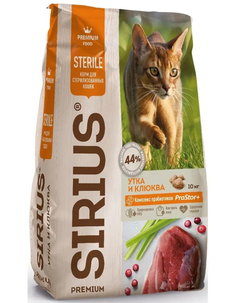 Сухой корм для стерилизованных кошек SIRIUS Sterile, утка с клюквой, 10кг