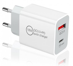 Зарядное устройство, блок питания C24, PD18W 5V2A Type-C адаптер PD + USB, белый Box69