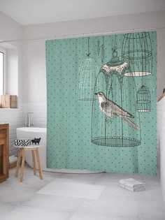 Штора (занавеска) для ванной JoyArty "Птичка в клетке" из сатена, 180х200 см с крючками