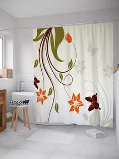 Штора для ванной JoyArty "Растущий цветы и бабочки" из сатена, 180х200 см с крючками