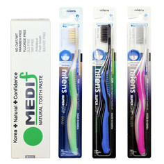 Набор Medif: Зубная паста с серебром, углем+Зубные щетки с серебром, золотом и углем, 3шт