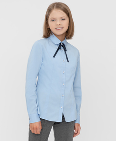 Блузка классическая со съемным бантом голубая Button Blue