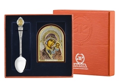 Набор приборов АргентА Казанская Божья матерь позол. икона цветная 4,5х6,5+ложка в футляре