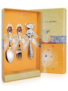 Набор детский Аргента КД Мишка с позолотой с эмалью вилка, ложка, погремушка Медвежонок