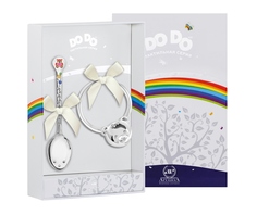 Набор детский Аргента DODO ложка Медвежонок с эмалью, погремушка Мишка на кольце малиновый