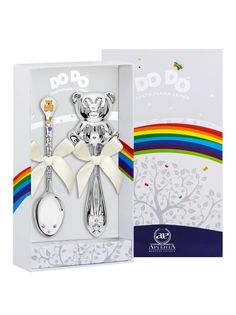 Набор детский Аргента DODO погремушка Медвежонок, ложка Медвежонок с оранжевой эмалью