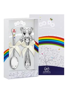 Набор детский Аргента DODO погремушка Медвежонок, ложка Медвежонок с малиновой эмалью