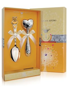 Набор детский Аргента Сердце с цветами погремушка, ложка Мишка с сердечками с позолотой