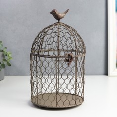 Подсвечник металл на 1 свечу Клетка из сетки с птичкой состаренный 30х16,5х16,5 см No Brand