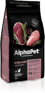 Корм сухой для стерилизованных кошек ALPHAPET Superpremium, с уткой и индейкой, 3 кг