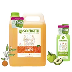 Жидкое мыло Synergetic Фруктовый микс 5л+Средство для мытья посуды Synergetic Яблоко 500мл