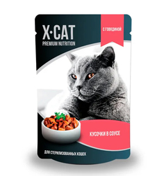 Корм X-Cat Premium Nutrition, для стерилизованных кошек, говядина, кусочки в соусе, 85 г