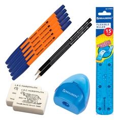 Канцелярский набор: ручки, карандаши, ластики, точилка с контейнером, линейка 372367 Brauberg