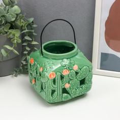 Подсвечник керамика на 1 свечу Кактусы цветущие 12х11,5х11,5 см No Brand