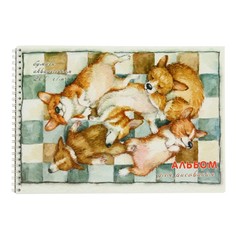 Альбом для рис А4, 20 л на гребне Корги спящие, жёсткая подложка, акварельная бумага 200 Полином