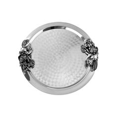 Поднос декоративный круглый с накладками "Овощи" медный посеребренный Кольчугинский мельхиор