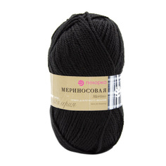 Пряжа Пехорка Мериносовая 100 г, 200 м (шерсть, акрил) (02-Черный), 10 мотков