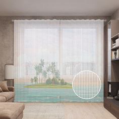 Тюль вуаль на шторной ленте с принтом JoyArty "Остров с пальмами утром", 310х265 см