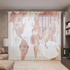 Тюль вуаль на шторной ленте с принтом JoyArty "Винтажная карта мира", 310х265 см