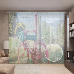 Тюль вуаль на шторной ленте с принтом JoyArty "Велосипед с цветами на лугу", 310х265 см