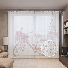 Тюль вуаль на шторной ленте с принтом JoyArty "Цветочный велосипед в Париже", 310х265 см