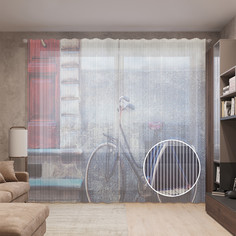 Тюль вуаль на шторной ленте с принтом JoyArty "Велосипед под домом" 310х265 см
