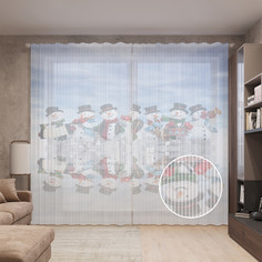 Тюль вуаль на шторной ленте с принтом JoyArty "Коллектив снеговиков", 310х265 см