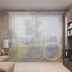 Тюль вуаль на шторной ленте с принтом JoyArty "Степная речушка акварель", 310х265 см