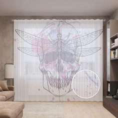 Тюль вуаль на шторной ленте с принтом JoyArty "Череп и стрекоза", 310х265 см