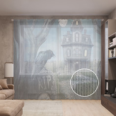 Тюль вуаль на шторной ленте с принтом JoyArty "Старый замок в полнолуние", 310х265 см