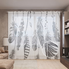 Тюль вуаль на шторной ленте с принтом JoyArty "Перья повсюду", 310х265 см